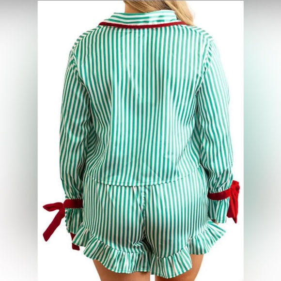 NEW Cutie in Stripes Short and Top Pajama Set - Green and White + Red Bow Ties - Picture 3 of 3